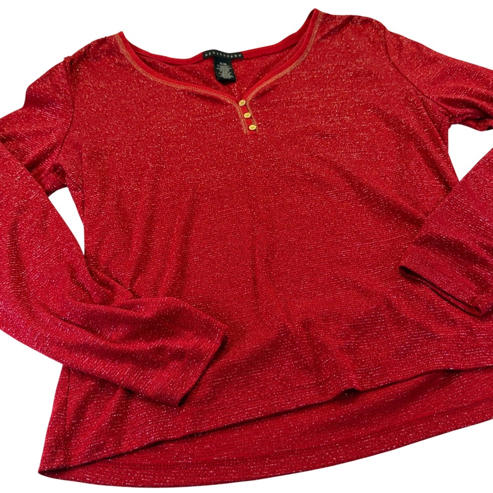 Apostrophe Red Metallic Gold Sparkle Henley Long Sleeve Top Womens XL 1011B8